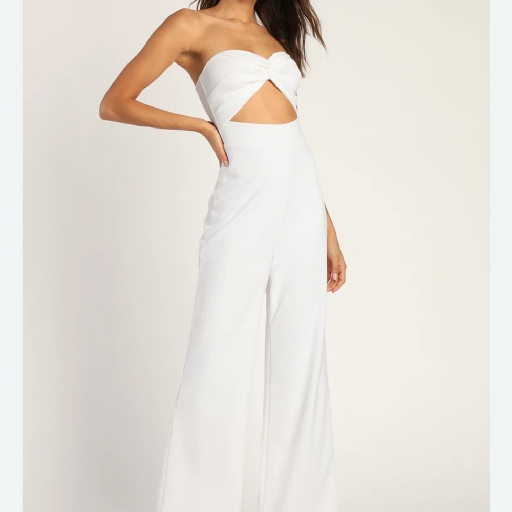 Lulu's All that She Wants White Strapless Cutout Straight Leg Jumpsuit size M